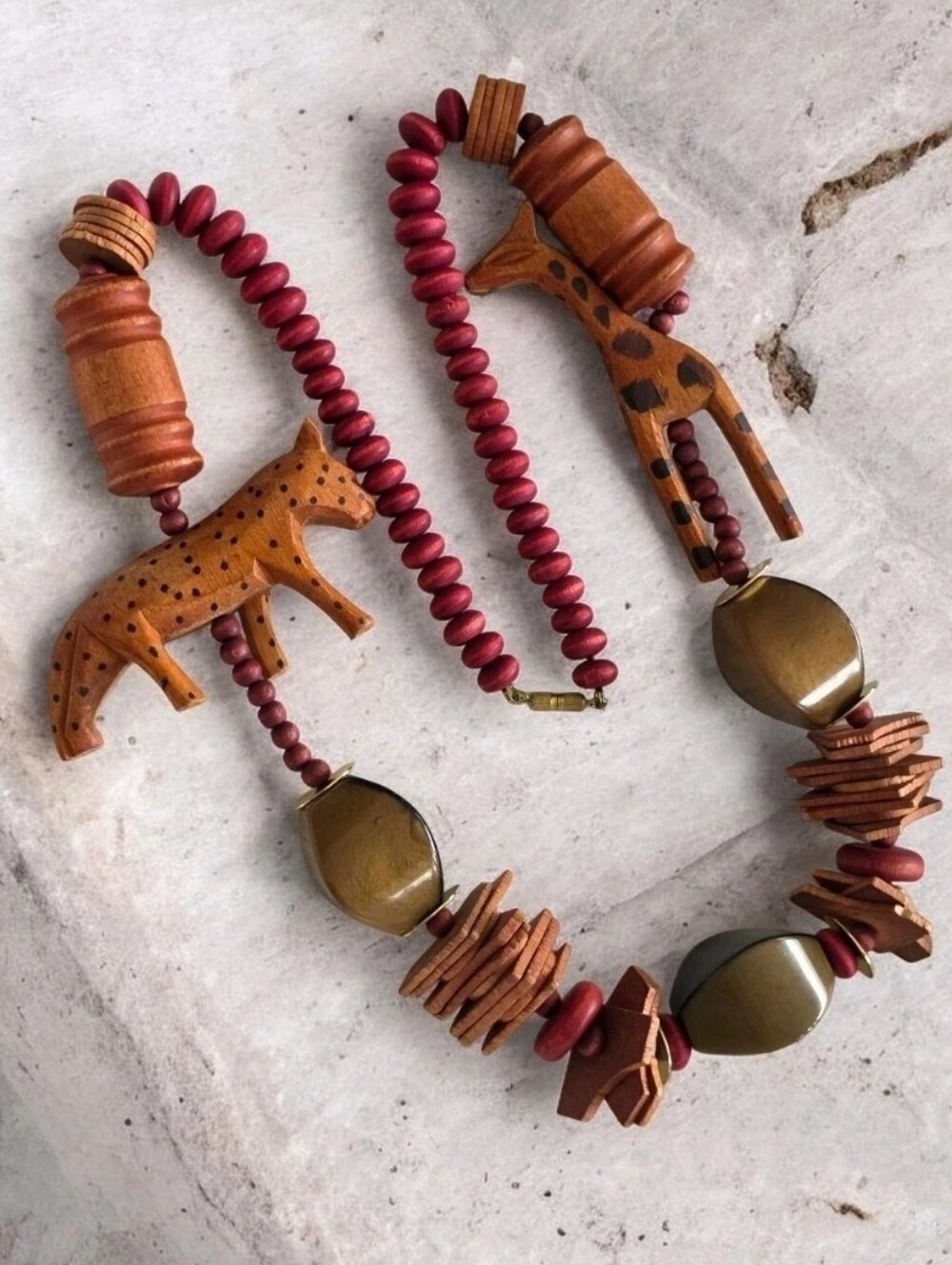 Vintage African Safari Animal Wood Bead Statement Necklace Leopard Giraffe 32"